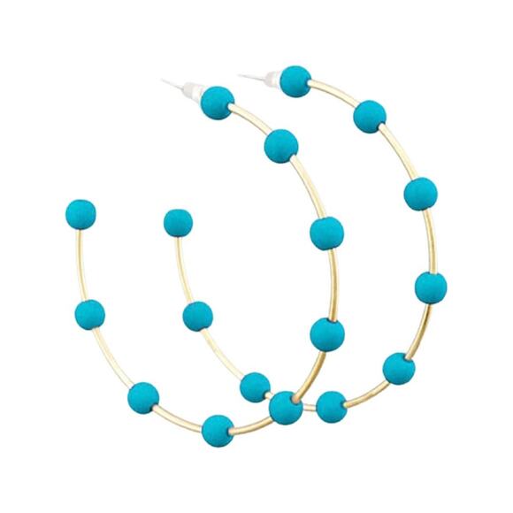 Gold with Teal Bead Hoop Earrings - Picture 1 of 2